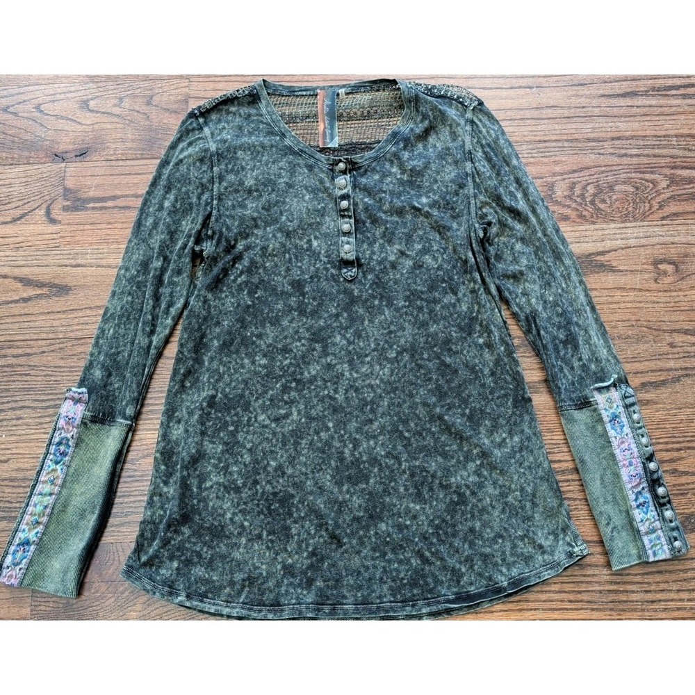 Aratta Silent Journey Green Acid Wash Long Slv Shirt Hippie Metal Boho Sz S